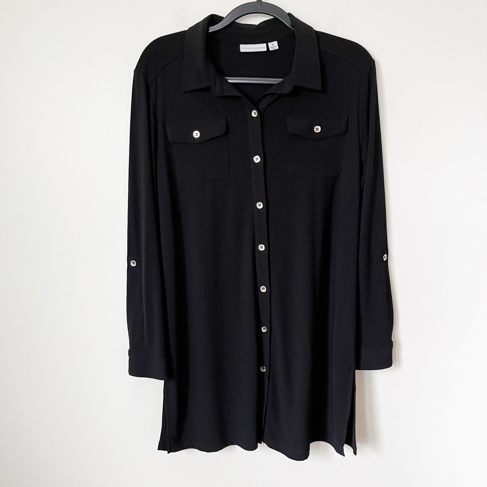 Susan Graver Liquid Knit Button Down Shirt Dress Womens Medium Black